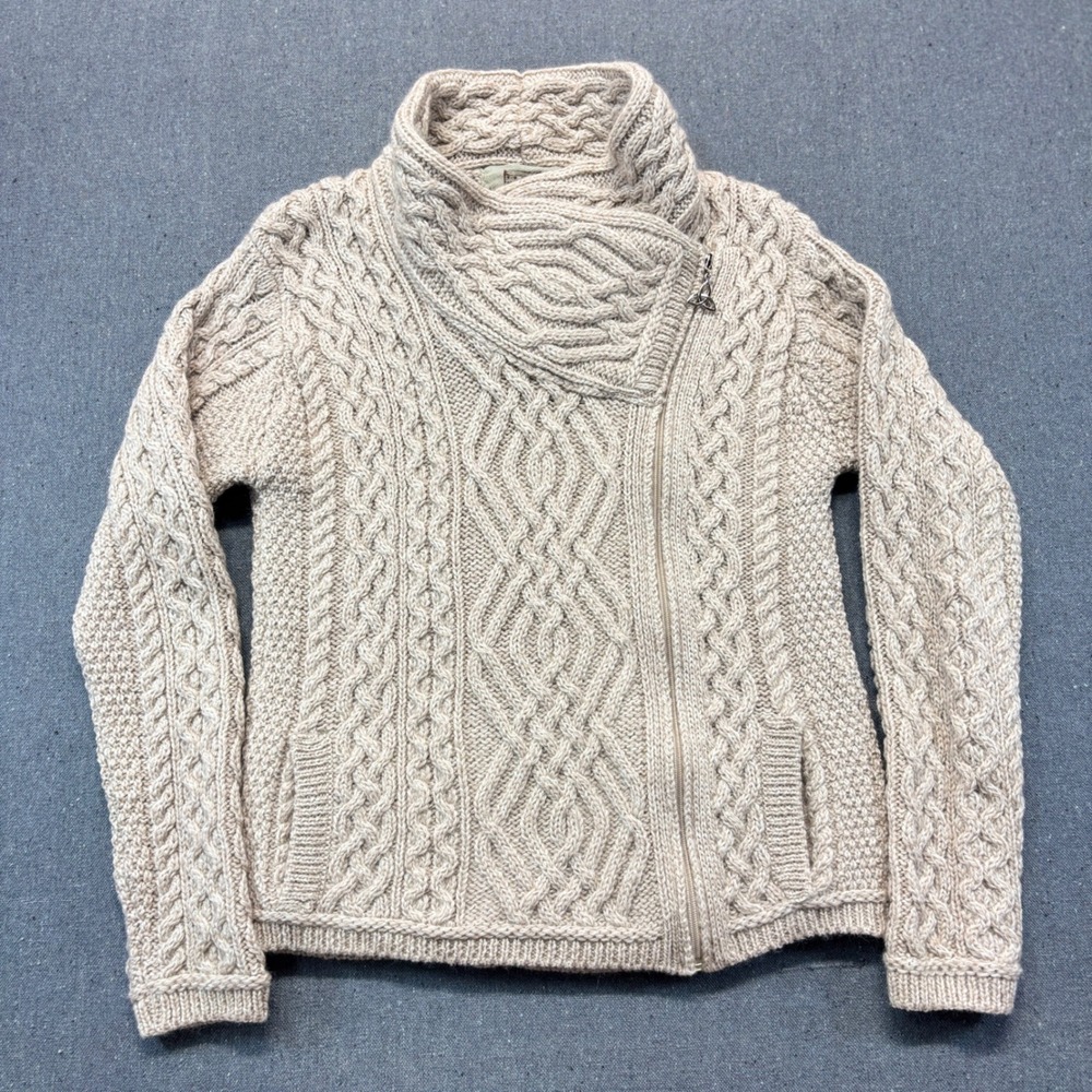 Aran Sweater Market Merino Wool Side Zip Cable Knit Fisherman Cardigan Small